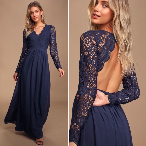 Lulus | Dresses | Nwt Lulus Awaken My Love Navy Blue Long Sleeve Lace ...